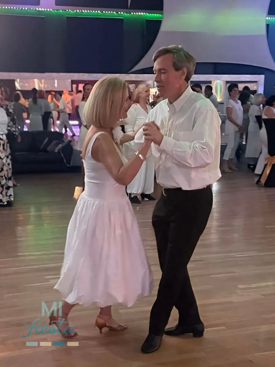 Lauren and Ned dancing American Rumba at the white party in TK Dance Studio