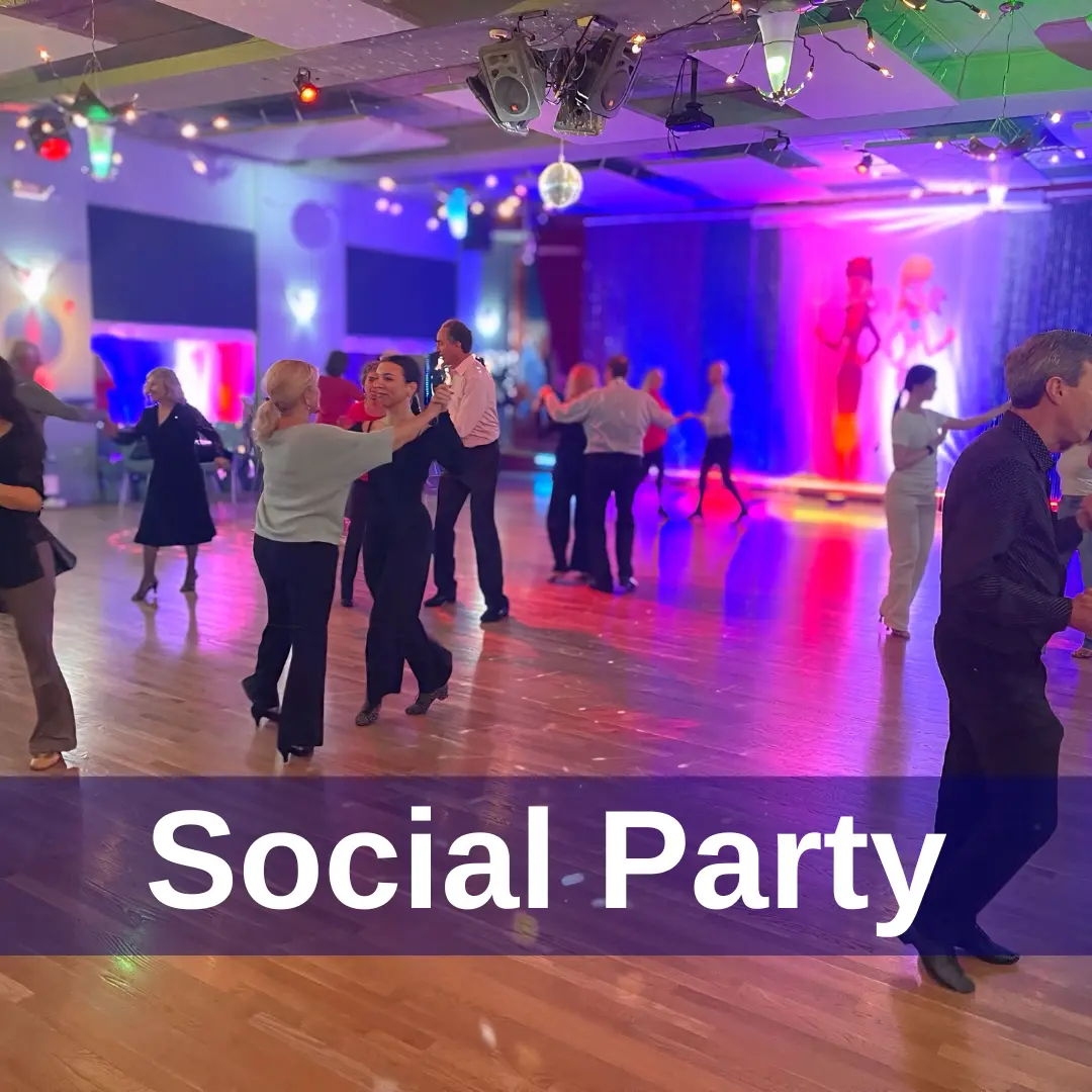 MI Fiesta Ballroom Social Dance Party Waltham and Natick Adults dancing at a colorful ballroom social party at MI Fiesta Dance Studio in Waltham.