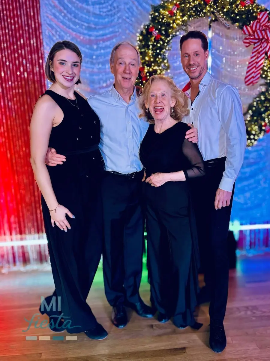 Group showcase photo featuring MI Fiesta Dance Studio and Totalissimo Dance performers at the holiday ballroom dance showcase at TK Dance Studio