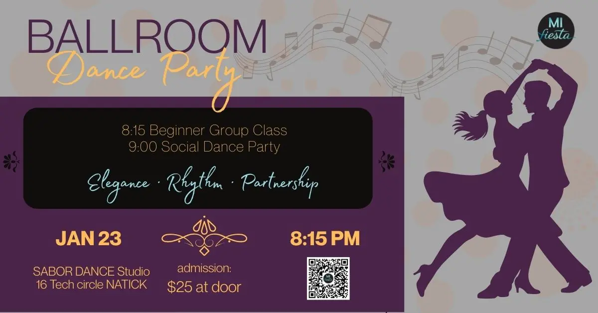 Ballroom dance party at Sabor Dance Studio in Natick on January 21 with beginner group class and social dancing by MI Fiesta Dance