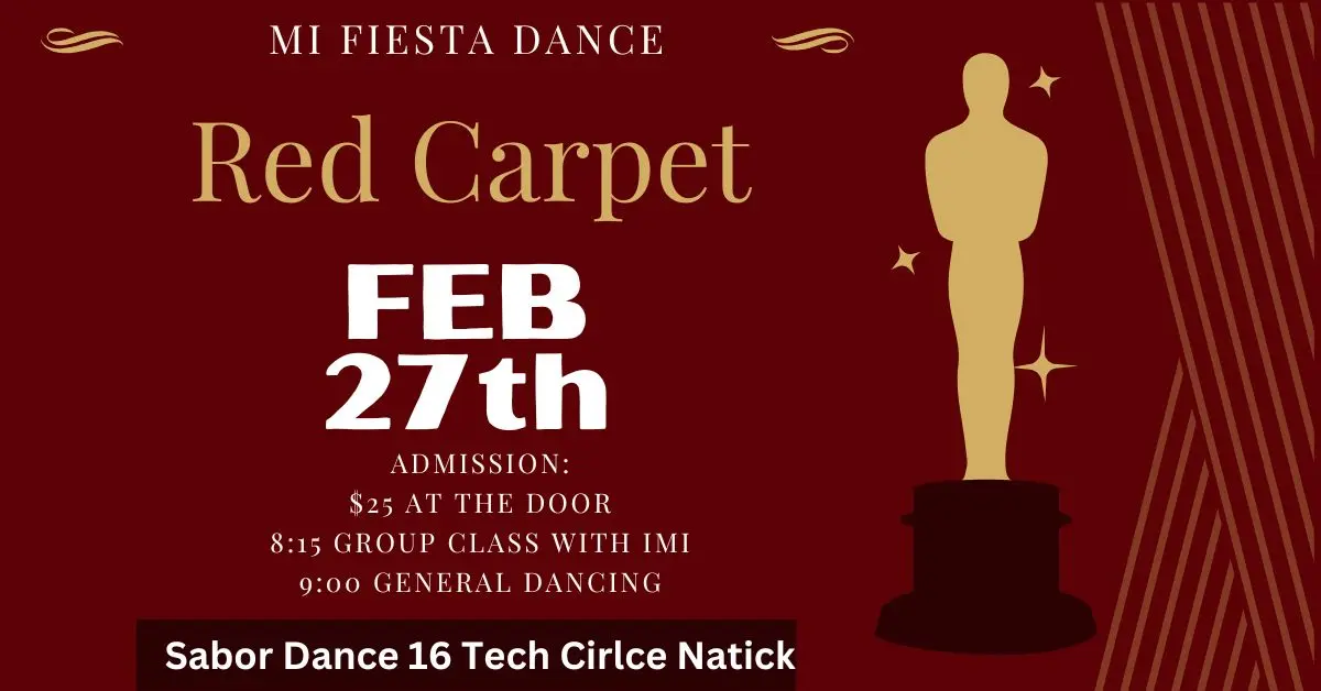 Red Carpet ballroom dance party and fashion show at Sabor Dance Studio in Natick on February 27 with beginner group class and social dancing