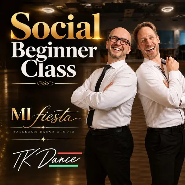 Beginner Group Dance Classes Waltham MA Wednesday dance classes Waltham, MA — Mi Fiesta Dance instructors laughing on the ballroom floor
